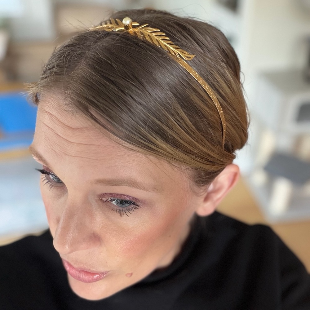 Vintage Gold Leaf Headband w Pearl Grecian Fifties Hair Accessory Jewelry Pretty - Picture 2 of 11